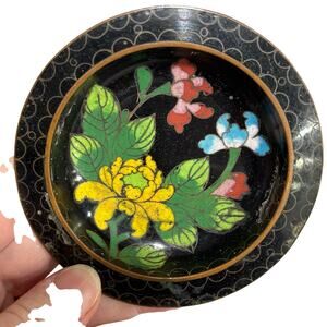 Two small enamel on brass Cloisonne mini plates Asian motif vintage decorative